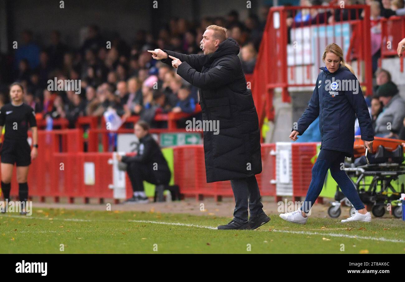 Crawley UK 19th November 2023 - on the touchline Arsenal manager Jonas Eidevall during the Barclays  Women's Super League football match between Brighton & Hove Albion and Arsenal at The Broadfield Stadium in Crawley (Editorial Use Only) : Credit Simon Dack /TPI/ Alamy Live News Stock Photo