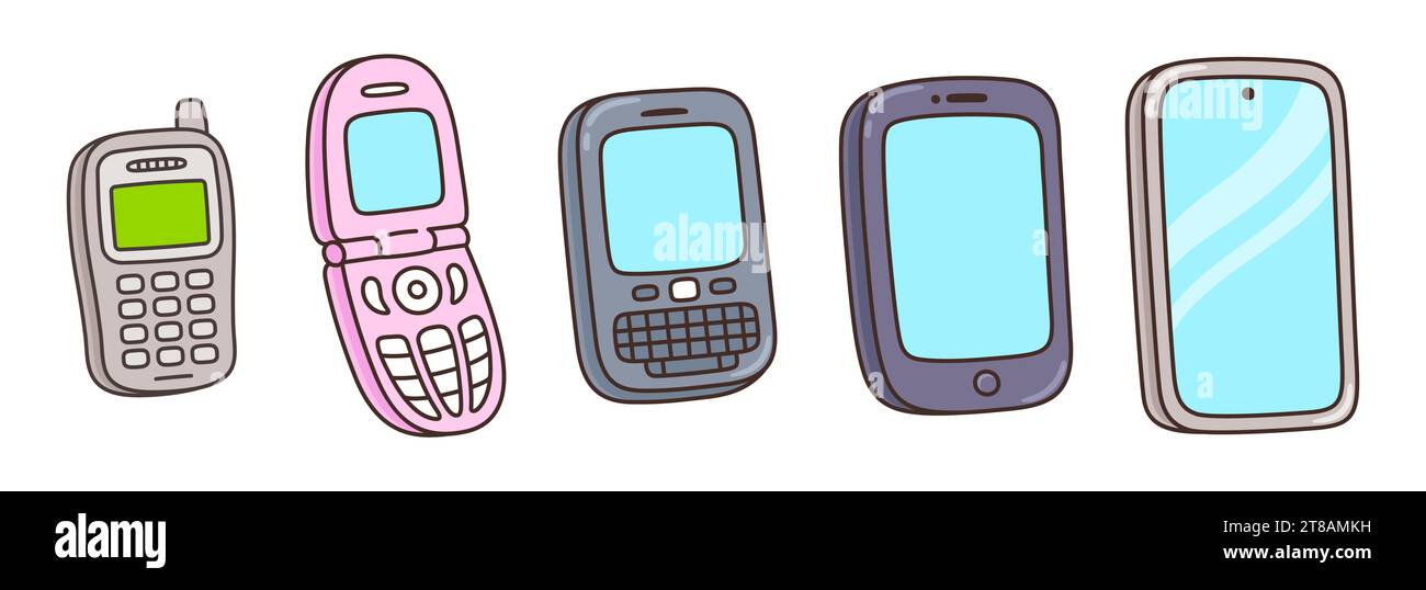 Mobile phone evolution, cute cartoon drawing set. Hand drawn doodles of retro cellphone, flip phone and modern smartphone devices. Vector illustration Stock Vector