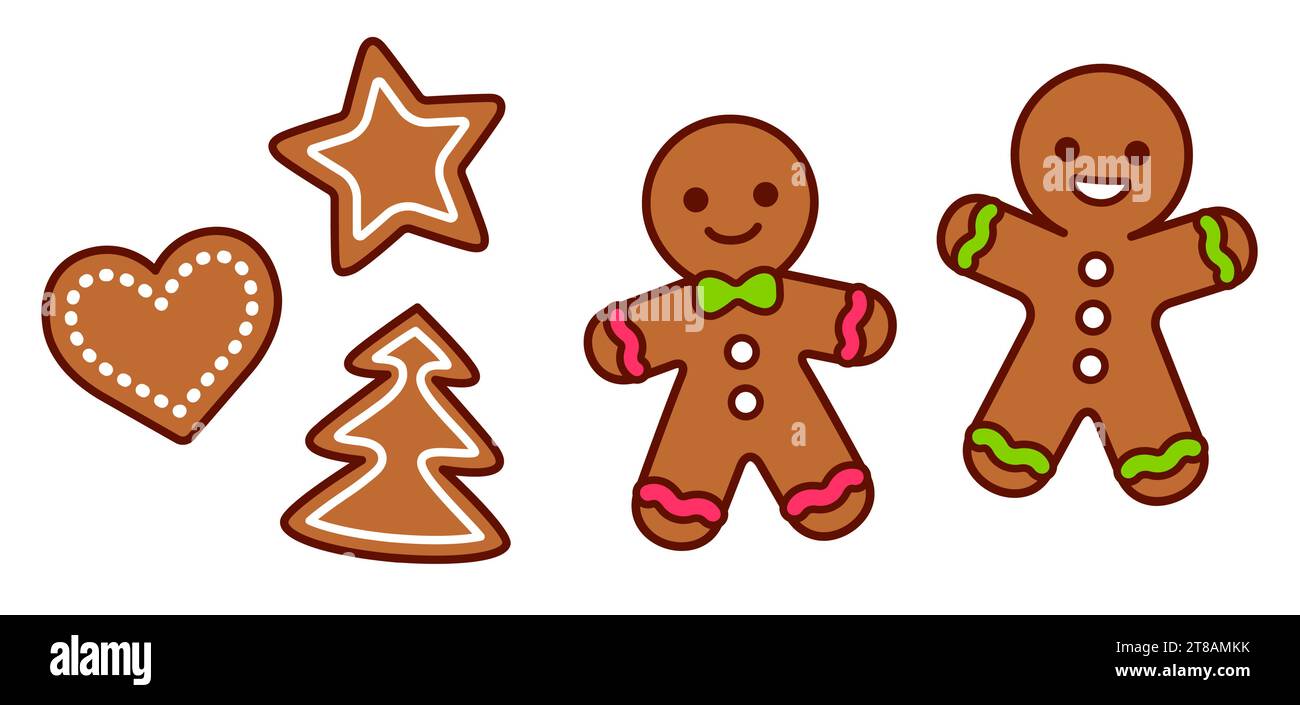 Traditional Christmas cookies set, gingerbread man and shapes with sugar icing decoration. Simple cartoon drawing, hand drawn doodle. Vector clip art Stock Vector