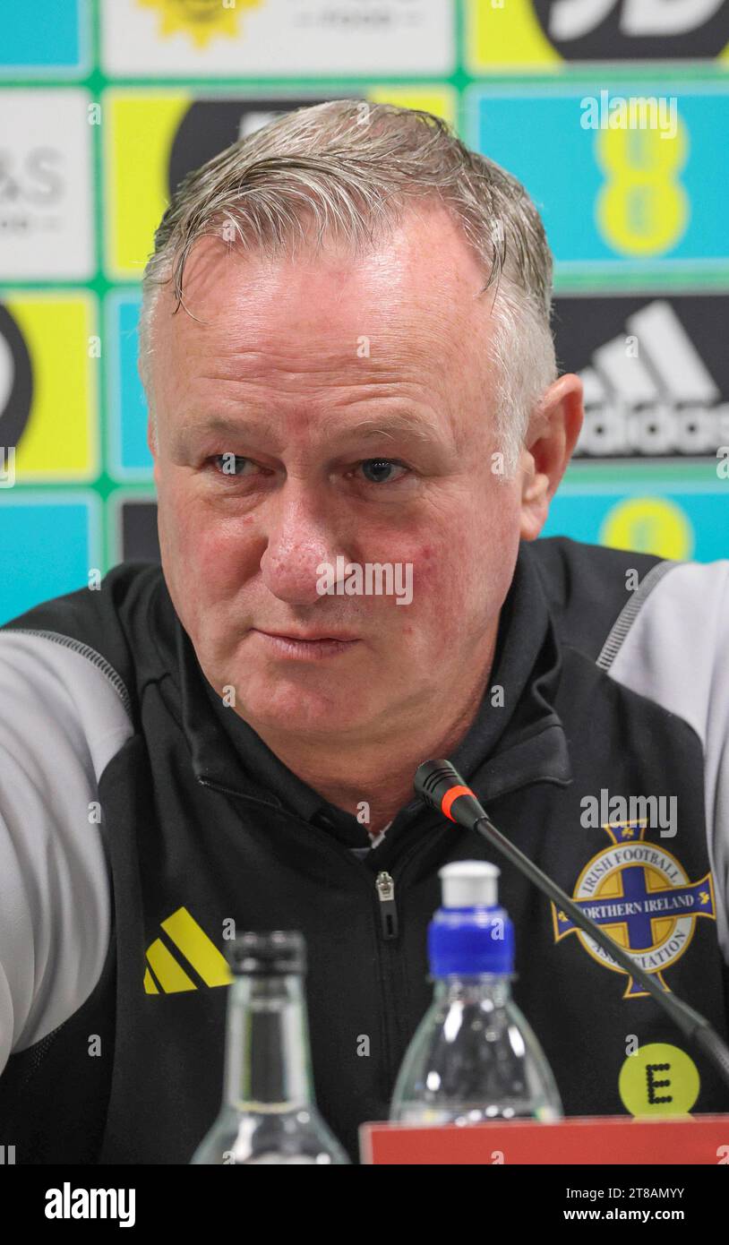 National Football Stadium at Windsor Park, Belfast, Northern Ireland, UK. 19th Nov 2023, Northern Ireland press conference before tomorrow evening's football match against Denmark. Northern Ireland manager Michael O'Neill at the conference. Credit: David Hunter/Alamy Live News. Stock Photo