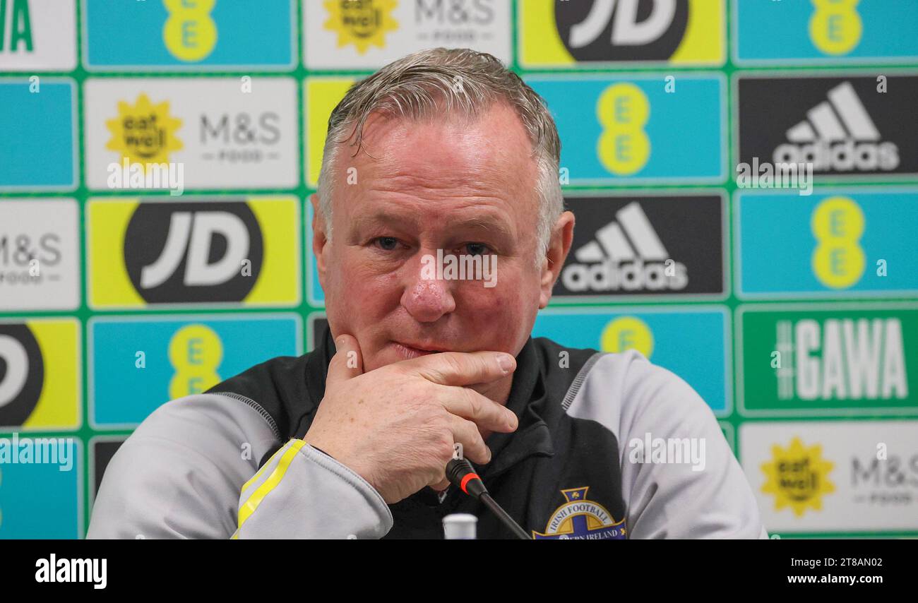 National Football Stadium at Windsor Park, Belfast, Northern Ireland, UK. 19th Nov 2023, Northern Ireland press conference before tomorrow evening's football match against Denmark. Northern Ireland manager Michael O'Neill at the conference. Credit: David Hunter/Alamy Live News. Stock Photo