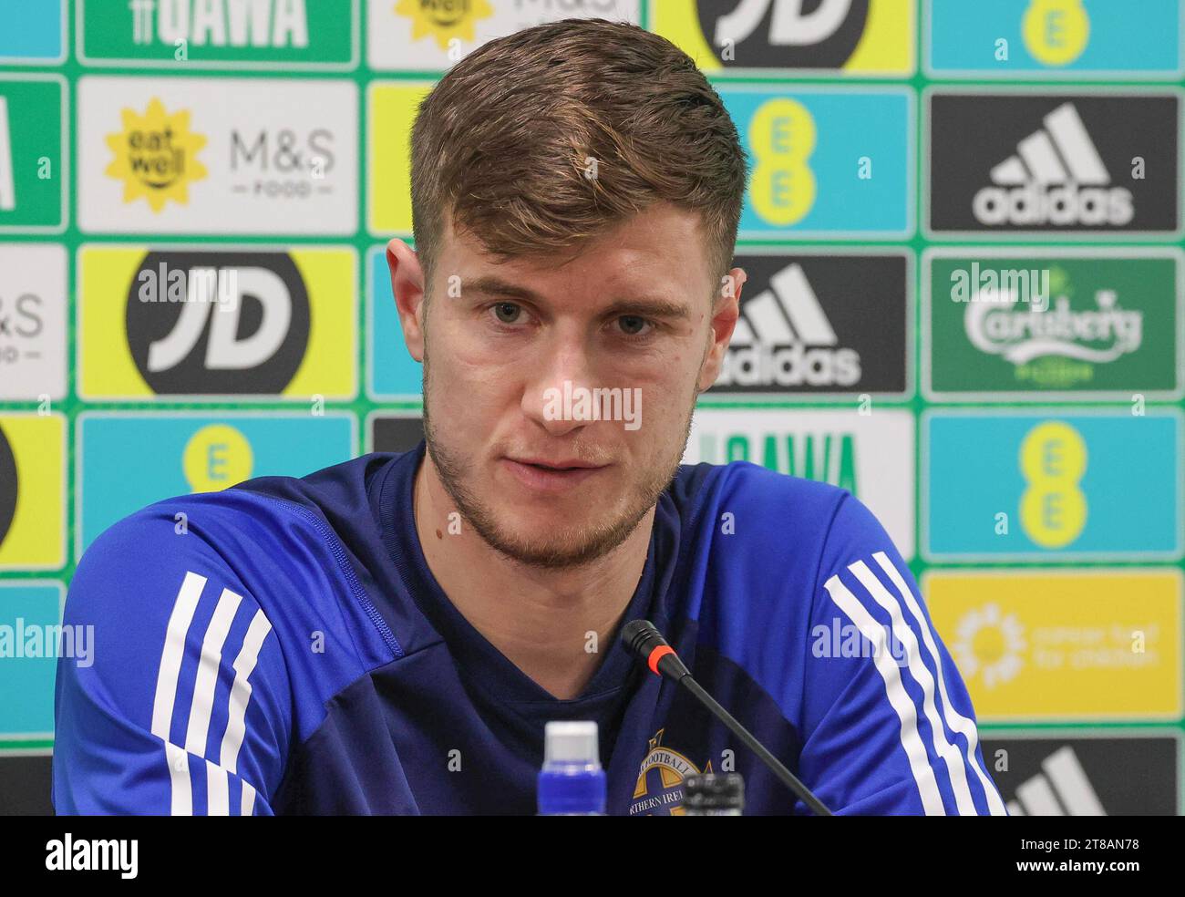 National Football Stadium at Windsor Park, Belfast, Northern Ireland, UK. 19th Nov 2023, Northern Ireland press conference before tomorrow evening's football match against Denmark. Northern Ireland player Paddy McNair at the conference. Credit: David Hunter/Alamy Live News. Stock Photo