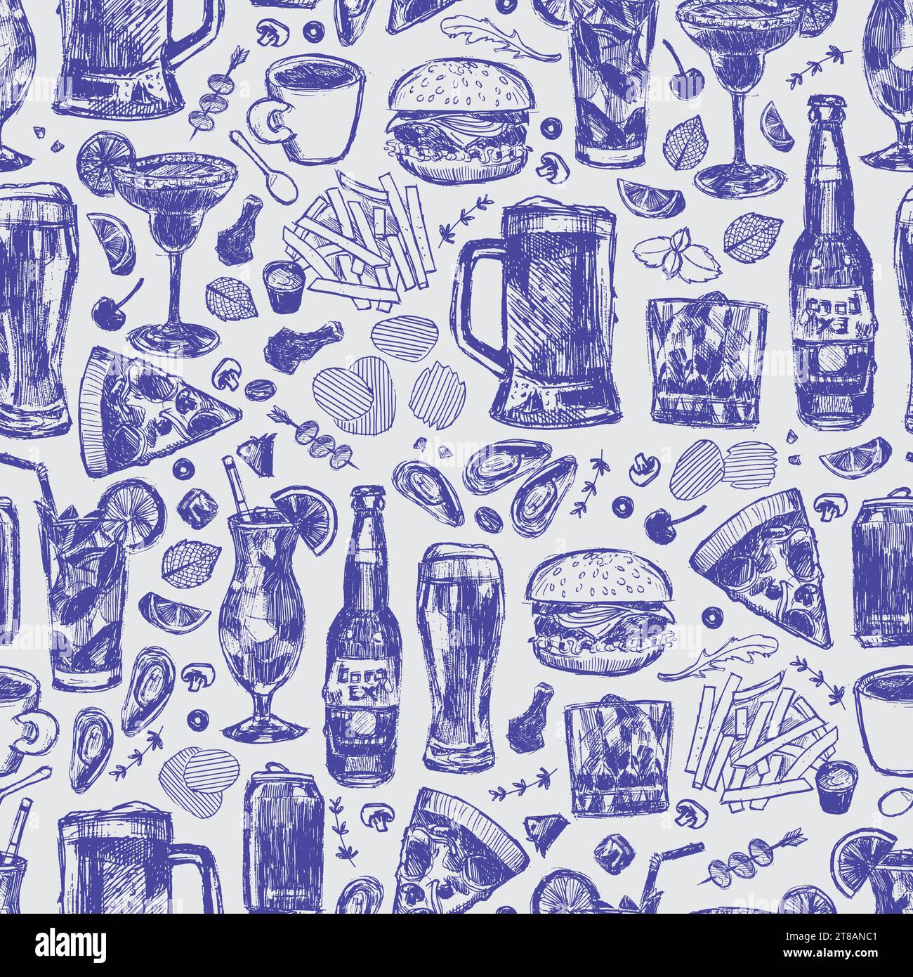 Vector bar cocktails alcoholic drinks and food seamless repeat pattern with light background. Suitable for textile, nightclub menu and wallpaper. Stock Vector