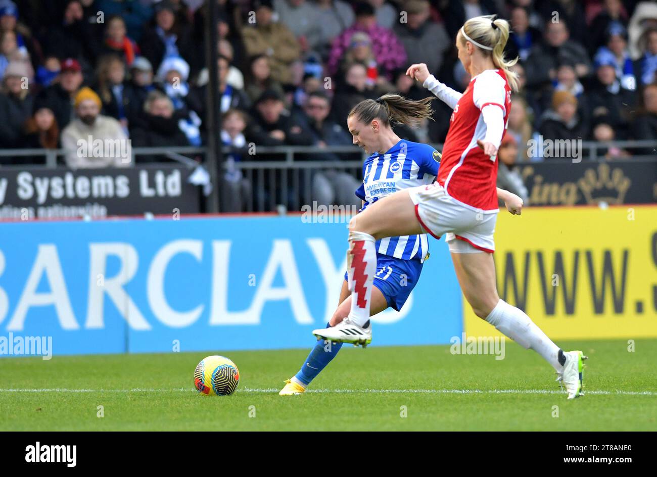 Crawley UK 19th November 2023 - Elisabeth Terland of Brighton fires in a shot during the Barclays  Women's Super League football match between Brighton & Hove Albion and Arsenal at The Broadfield Stadium in Crawley (Editorial Use Only) : Credit Simon Dack /TPI/ Alamy Live News Stock Photo