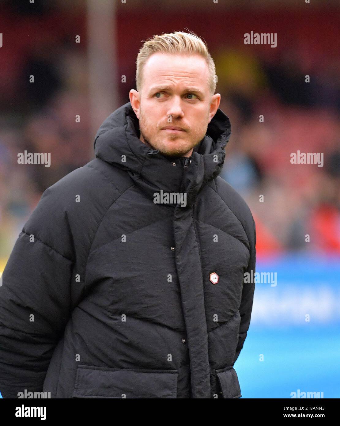 Crawley UK 19th November 2023 -  Arsenal manager Jonas Eidevall during the Barclays  Women's Super League football match between Brighton & Hove Albion and Arsenal at The Broadfield Stadium in Crawley (Editorial Use Only) : Credit Simon Dack /TPI/ Alamy Live News Stock Photo