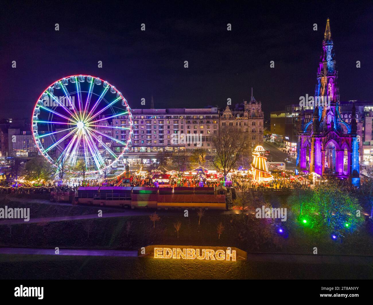 Edinburgh, Scotland, UK. 17th November, 2023. An aerial view of the Christmas Market in East Princes Street Gardens which opened this evening and was Stock Photo