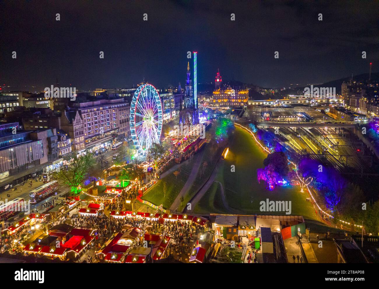 Edinburgh, Scotland, UK. 17th November, 2023. An aerial view of the Christmas Market in East Princes Street Gardens which opened this evening and was Stock Photo