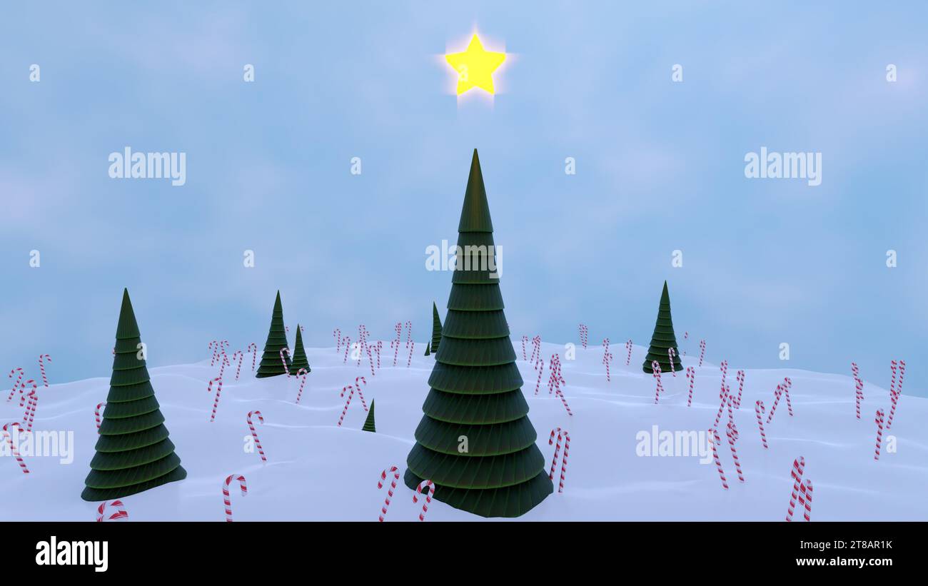 3d rendering of a Christmas trees, light decorations with yellow stars ...