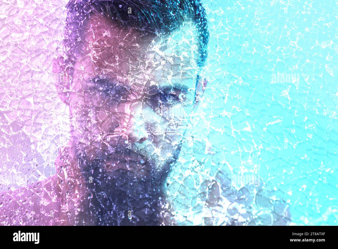 Man behind wet and cracked glass. Concepts of mental disorder or other ...