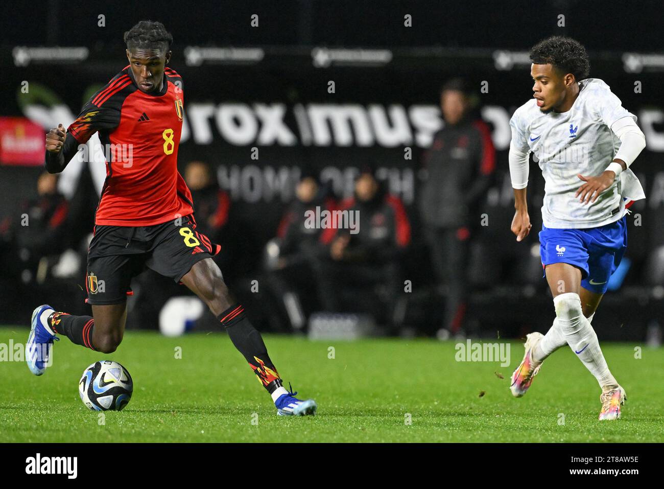 Tubize, Belgium. 18th Nov, 2023. Pierre Dwomoh (8) of Belgium and Therence KOUDOU (20) of France pictured during a friendly soccer game between the national under 20 teams of Belgium and France on Saturday 18 November 2023 in Tubize, Belgium . Credit: sportpix/Alamy Live News Stock Photo