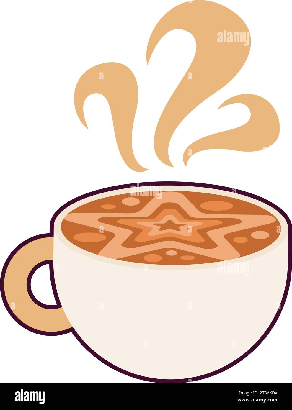 Ceramic cup with swirling steam hot sweet cocoa and foam pattern on surface in form of five pointed star. Invigorating coffee drinks. Simple colored s Stock Vector