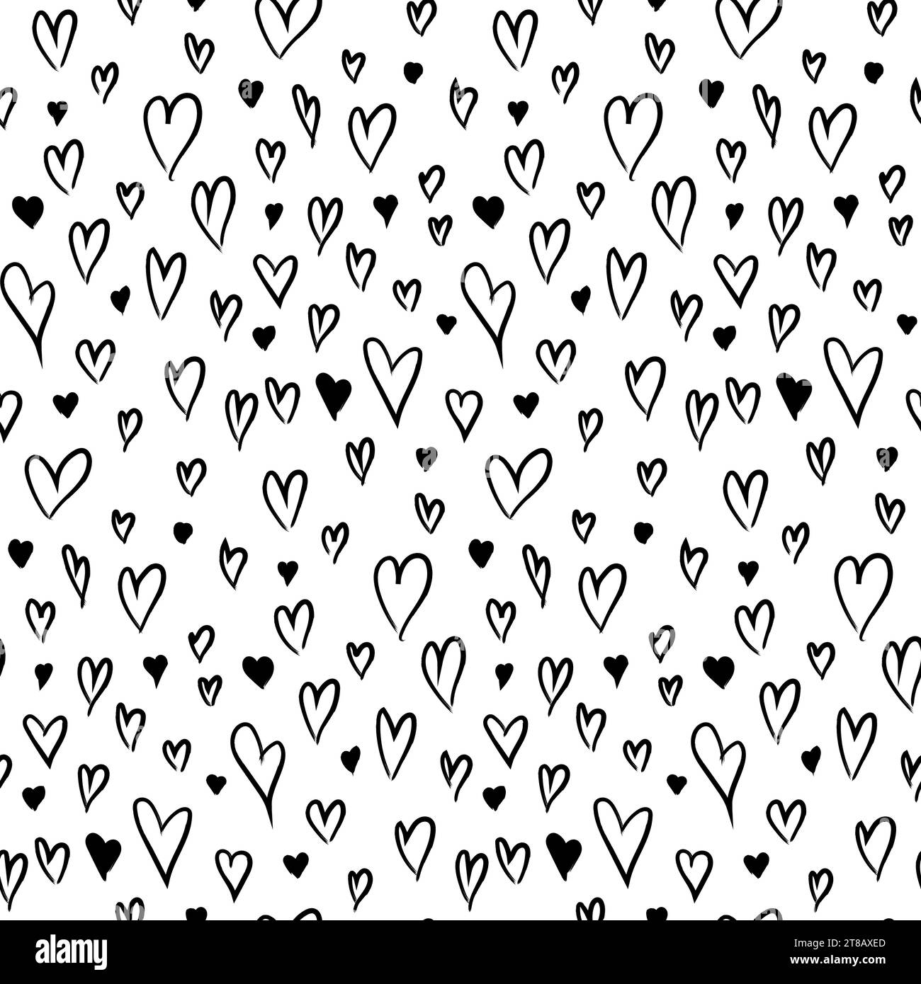 Grunge Black Heart seamless pattern with hand drawn abstract symbols. Ornament for printing on fabric, cover and packaging. Simple black and white vec Stock Vector