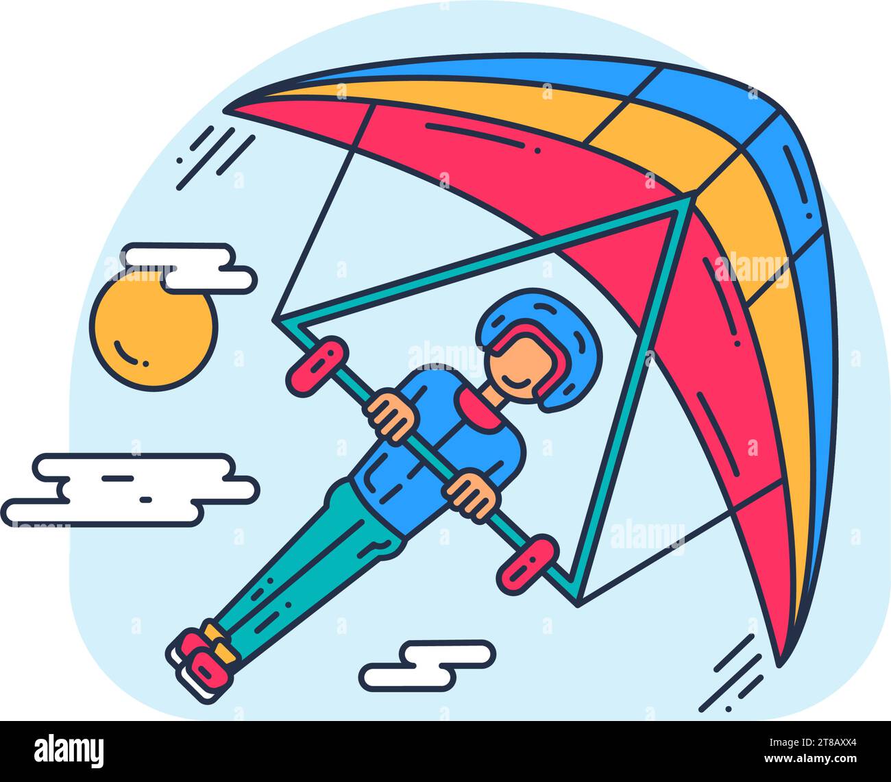Young extreme athlete in protective equipment flies in sky paragliding. Extreme sports and active lifestyle. Simple colored stroked vector icon isolat Stock Vector