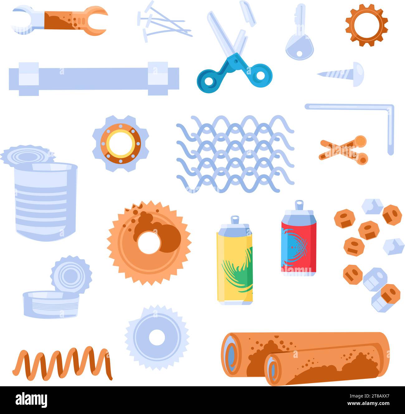 Collection of rusty unwanted steel objects. Items out of use and subject to disposal. Recycling of Metal industrial products. Cartoon vector isolated Stock Vector