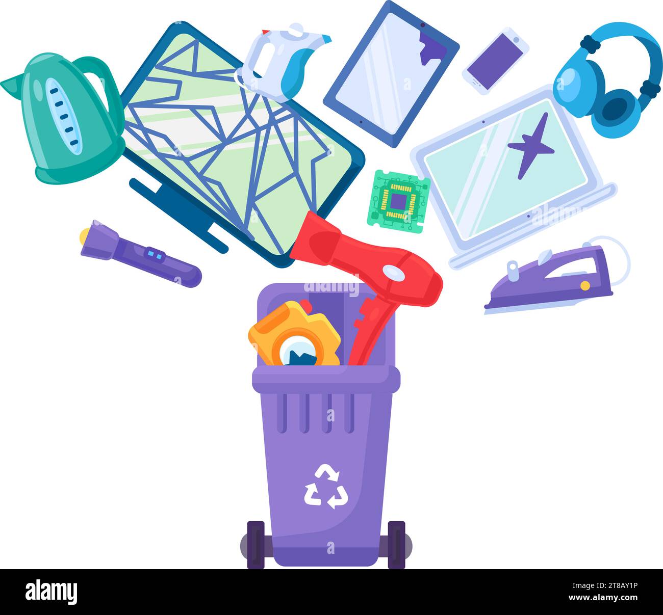 Old unwanted electronic devices fall into open trash can. Heap of old