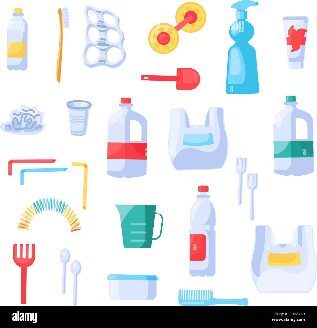 Collection of Unwanted Plastic Objects. Items out of use and subject to disposal. Recycling of Plastic and polyethylene industrial products. Cartoon v Stock Vector