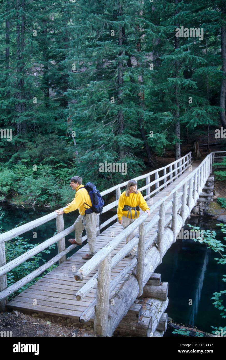 McKenzie River outlet bridge along Clear Lake Trail, Willamette National Forest, Oregon Stock Photo