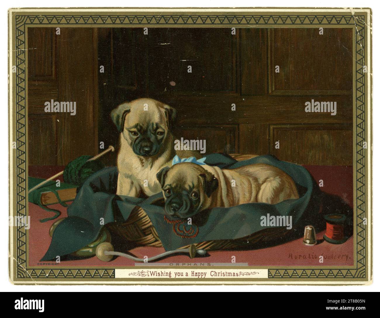 Original Victorian Christmas greetings card, text is 'Orphans' and 'wishing you a happy Christmas'. This card is a copy of the painting,  'seamstress' pugs'  by Horatio Henry Couldery - a well known Victorian animal portraitist - English animal painter and illustrator., U.K. Dated 1886. Stock Photo