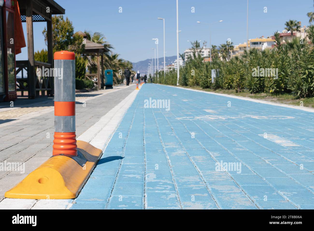 Blue cycle path and pedestrian path, close-up view from below Stock ...