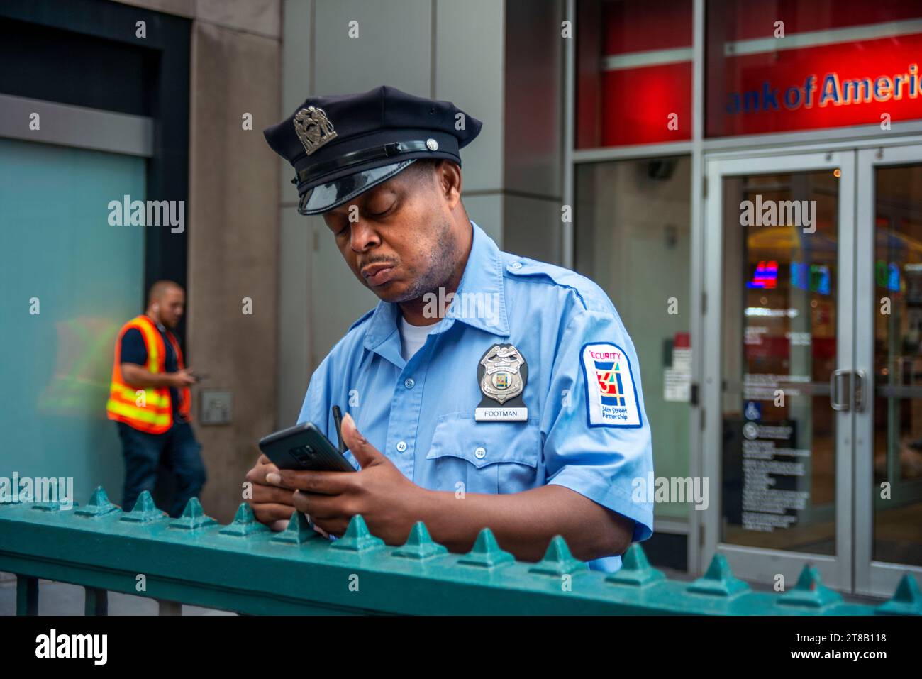 Police officer in New York Subway. Seventh Avenue. Fashion Avenue. Manhattan. USA. Stock Photo