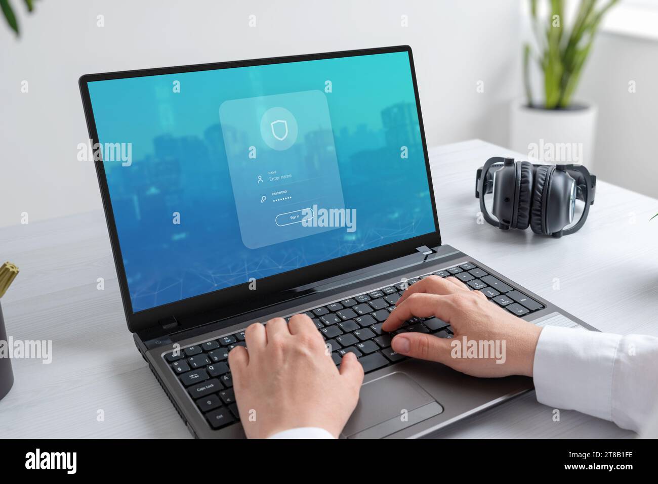 Laptop displaying a security login form, with username and password close-up. Cyber security concept Stock Photo