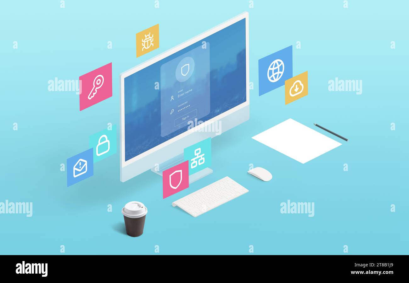 Isometric computer display with security login form and floating icons of security, network, virus, cloud. Ideal for clean tech visuals Stock Photo