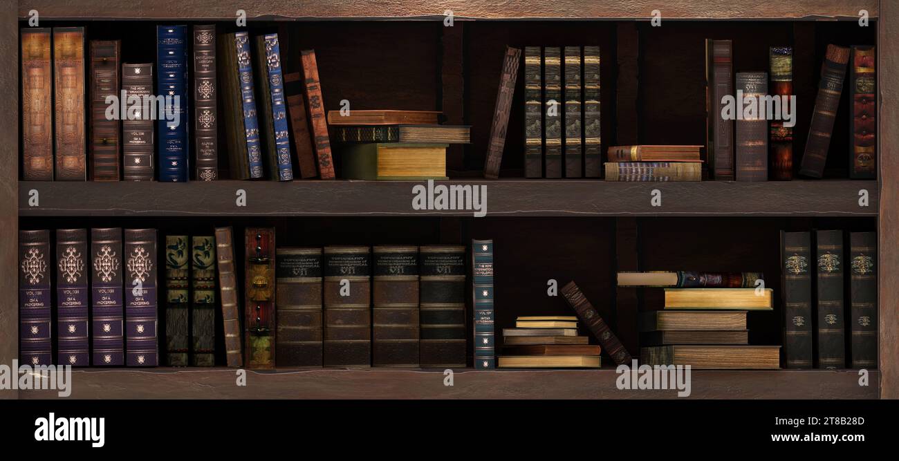 Vintage bookshelf with pile of old books in a row at library. Concept of reading, learning and knowledge. Stock Photo