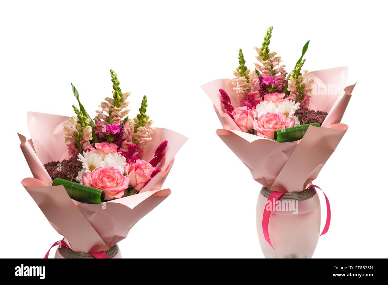 Premium Photo  Bouquet of soft pink flowers in pink wrapping paper in  woman hands isolated on white surface