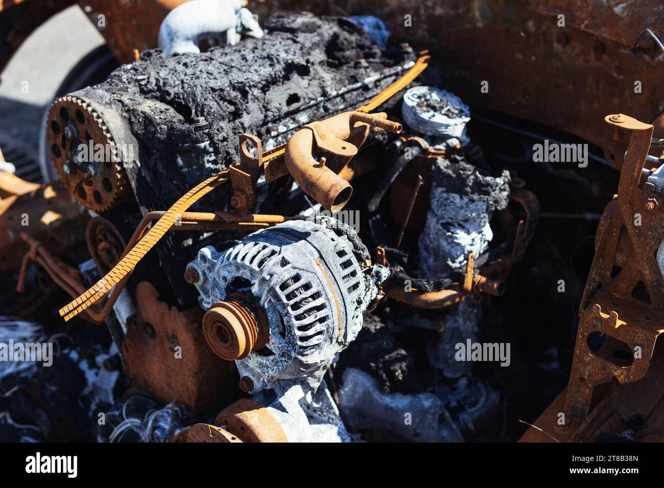 burnt engine in car close-up.insurance concept Burnt car after fire Stock Photo