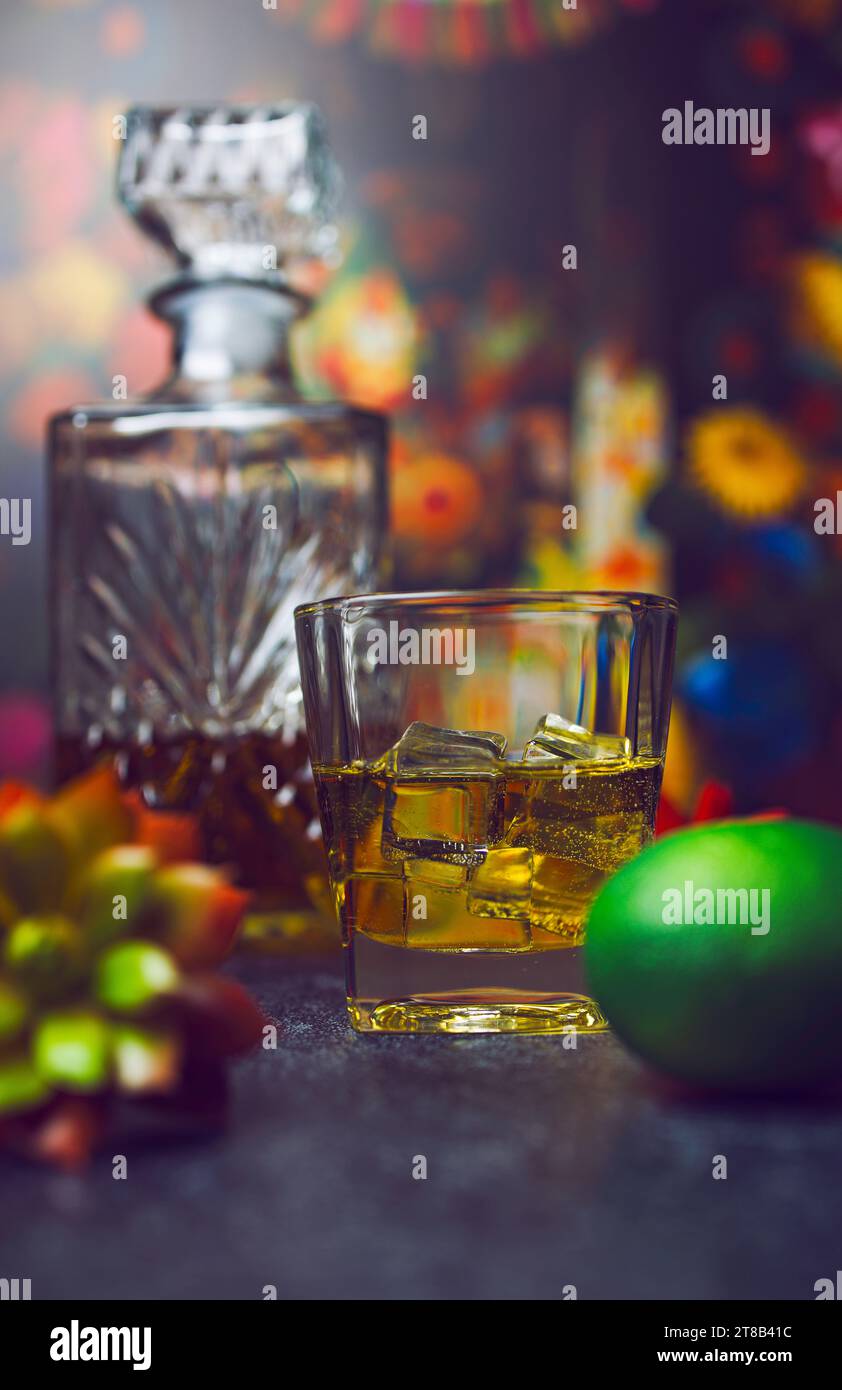 Tequila Beverage on the Rocks with Crystal Tequila Decanter, Green Lime