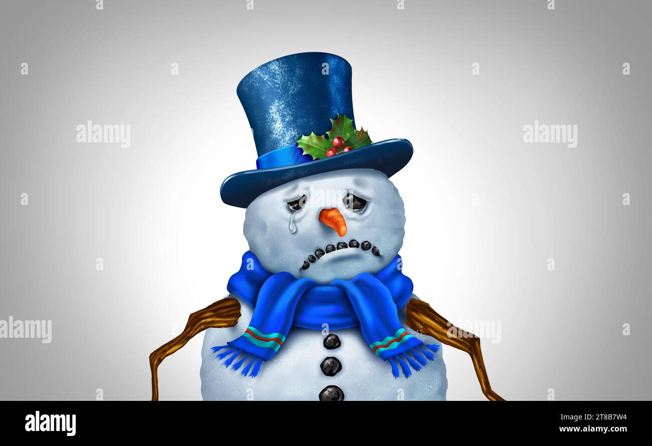Holiday Depression And Stress as as a snowman representing the psychological issue of feeling blue during the winter season as a SAD or Seasonal Affec Stock Photo