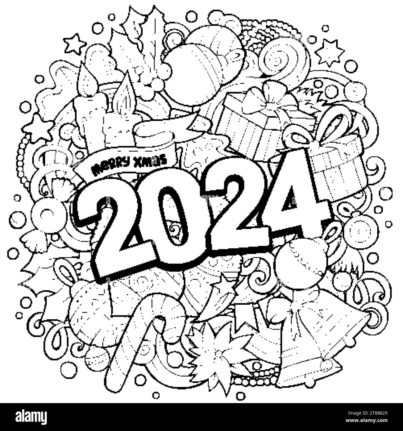 2024 doodles illustration. New Year objects and elements poster Stock