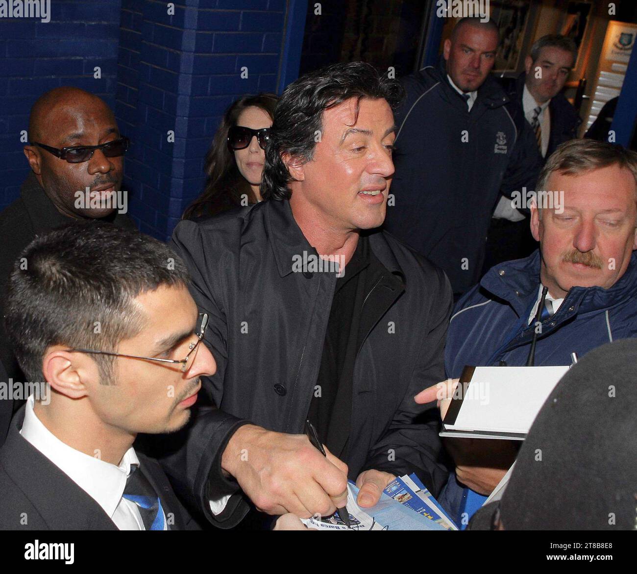 Hollywood actor Sylvester Stallone arrives at Everton Football Ground to watch the game against Reading. Stock Photo
