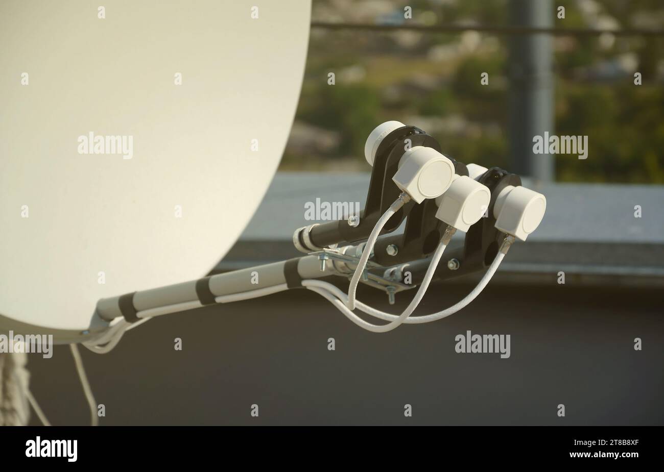 White satellite dish with three converters mounted on residental ...