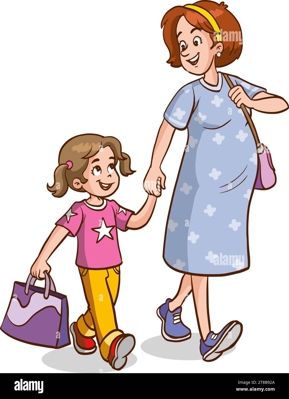 Mother and baby girl kid walk hand in hand, holding hands. Stock Vector