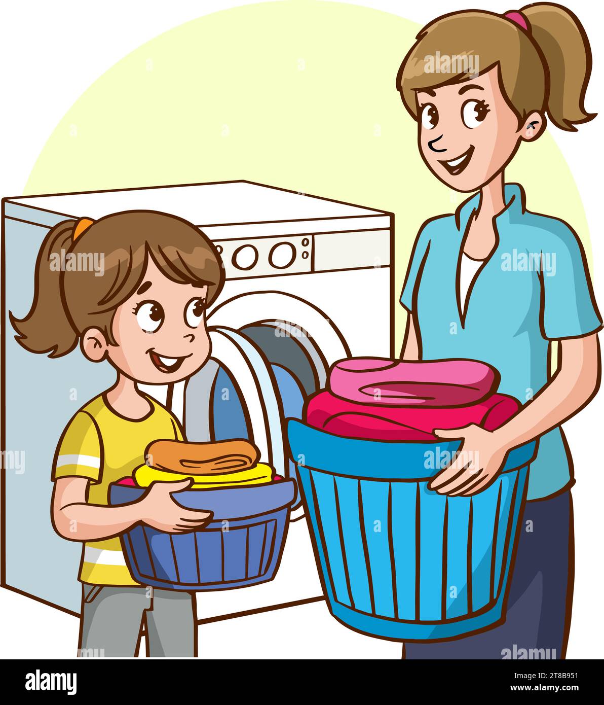 mother and daughter washing clothes in the washing machine cartoon