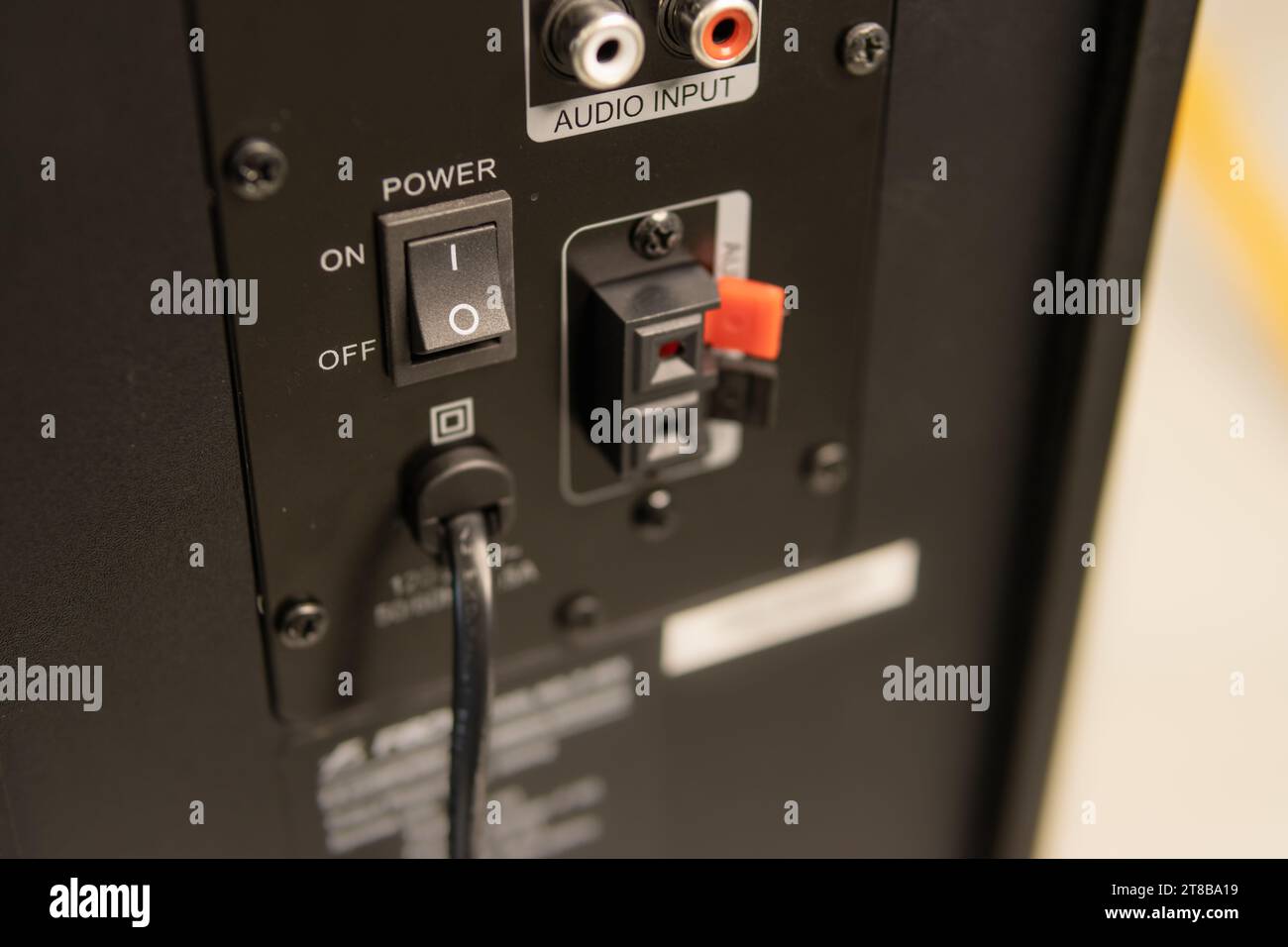 Close-up of the speaker connectors on the back of the AV receiver. High quality photo Stock Photo