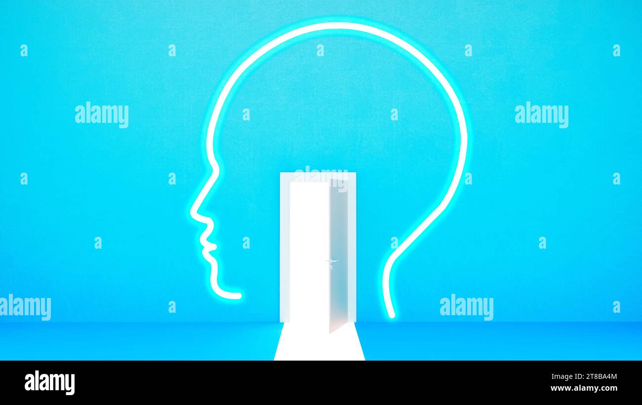 The door of the mind, access the secrets of the brain, thoughts revealed. Silhouette of a head with an open door and a wall. 3d rendering Stock Photo