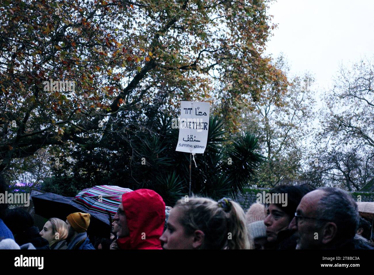 London, UK. 19th November 2023  A group of around 150 Jewish protestors gather in Victoria Embankment Gardens to make themselves heard as they stand for peace in Palestine and a de-escalation of the ongoing conflict since the events of October 7th 2023. Na'amod, and Jews Against Genocide are among the crowd. © Simon King/ Alamy Live News Stock Photo