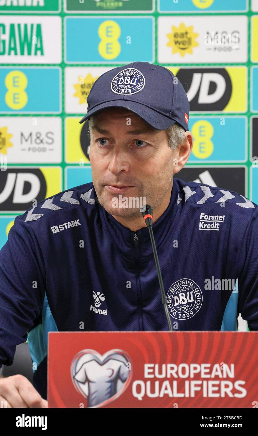 National Football Stadium at Windsor Park, Belfast, Northern Ireland, UK. 13th Oct 2023. Denmark press conference before tomorrow afternoon's football match against Denmark. Denmark coach Kasper Hjulmand at the conference. Credit: David Hunter/Alamy Live News. Stock Photo