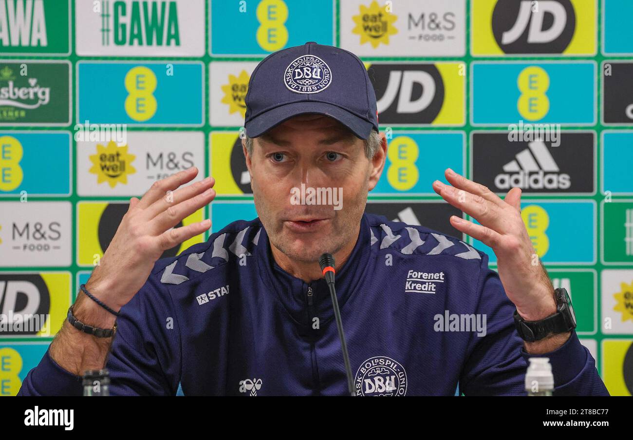 National Football Stadium at Windsor Park, Belfast, Northern Ireland, UK. 13th Oct 2023. Denmark press conference before tomorrow afternoon's football match against Denmark. Denmark coach Kasper Hjulmand at the conference. Credit: David Hunter/Alamy Live News. Stock Photo