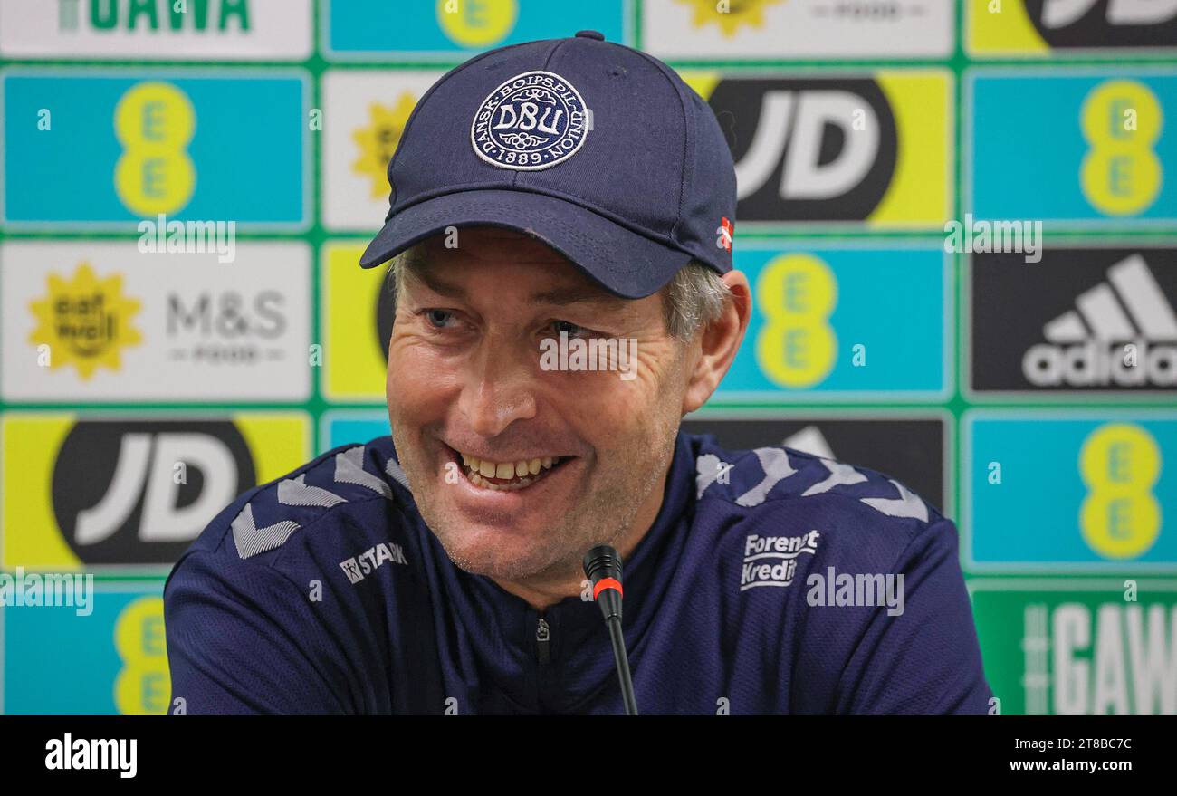 National Football Stadium at Windsor Park, Belfast, Northern Ireland, UK. 13th Oct 2023. Denmark press conference before tomorrow afternoon's football match against Denmark. Denmark coach Kasper Hjulmand at the conference. Credit: David Hunter/Alamy Live News. Stock Photo