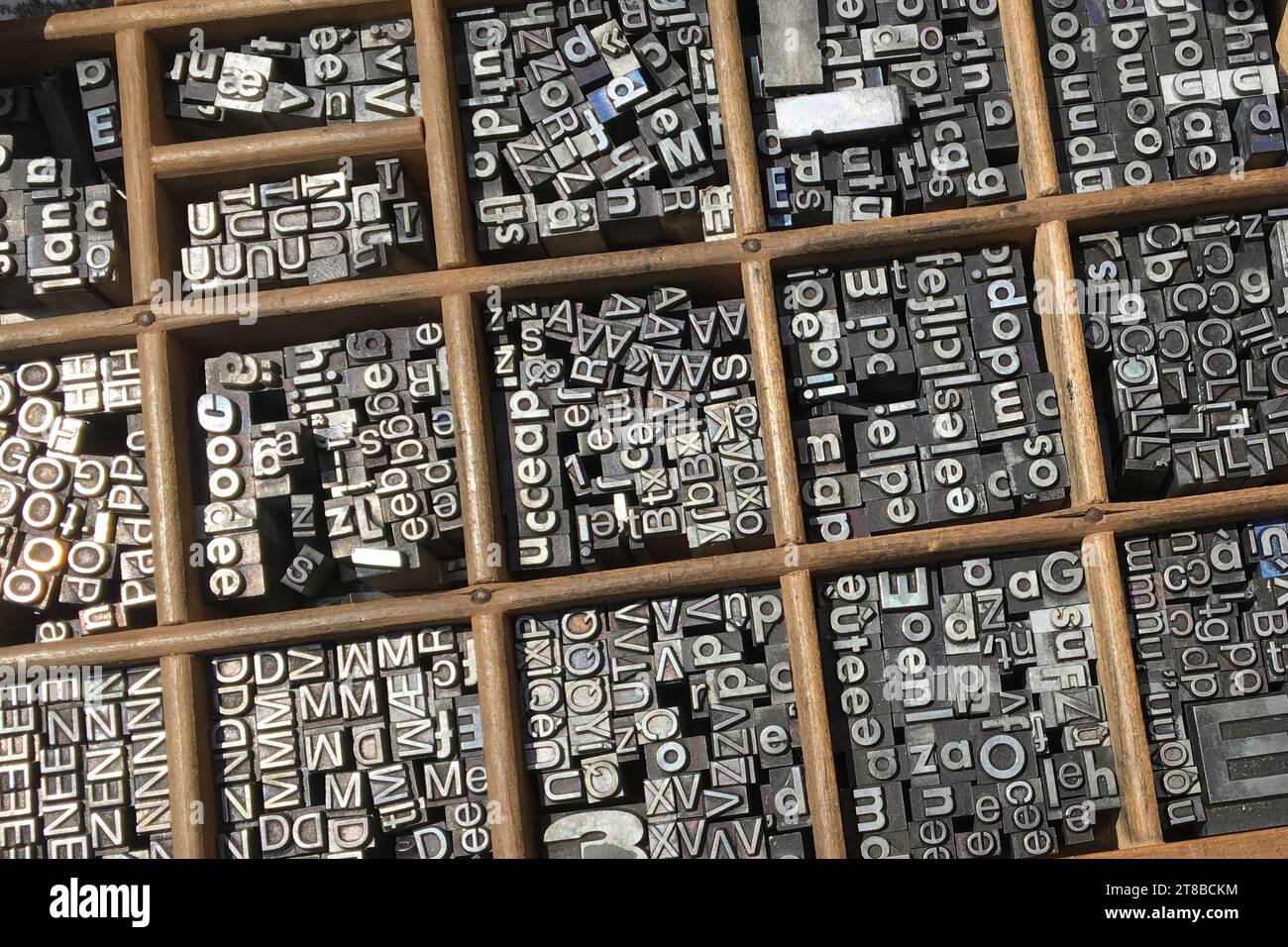 Metal type sorts in a typographical drawer Stock Photo