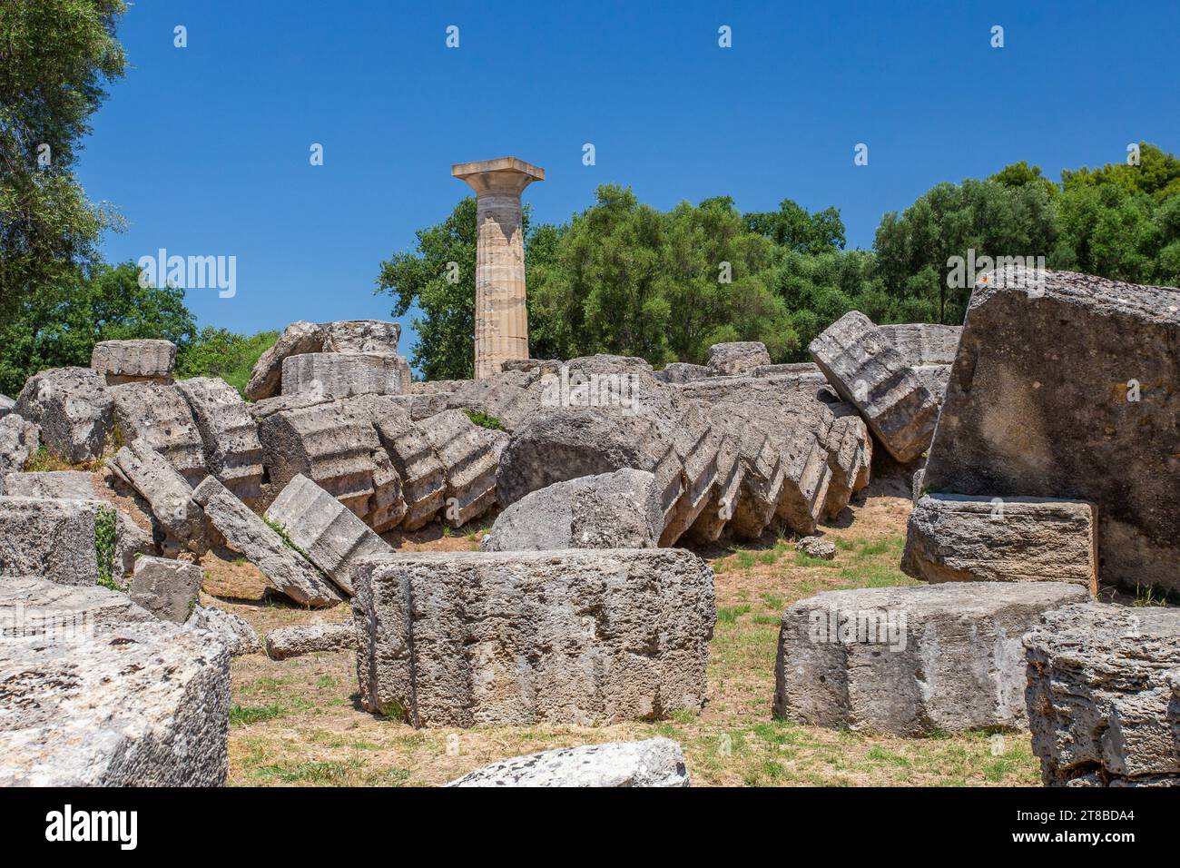 Temple of Zeus at the Ancient Greek ruins at Olympia, the home of the Olympic games, Peloponnese, Greece Stock Photo