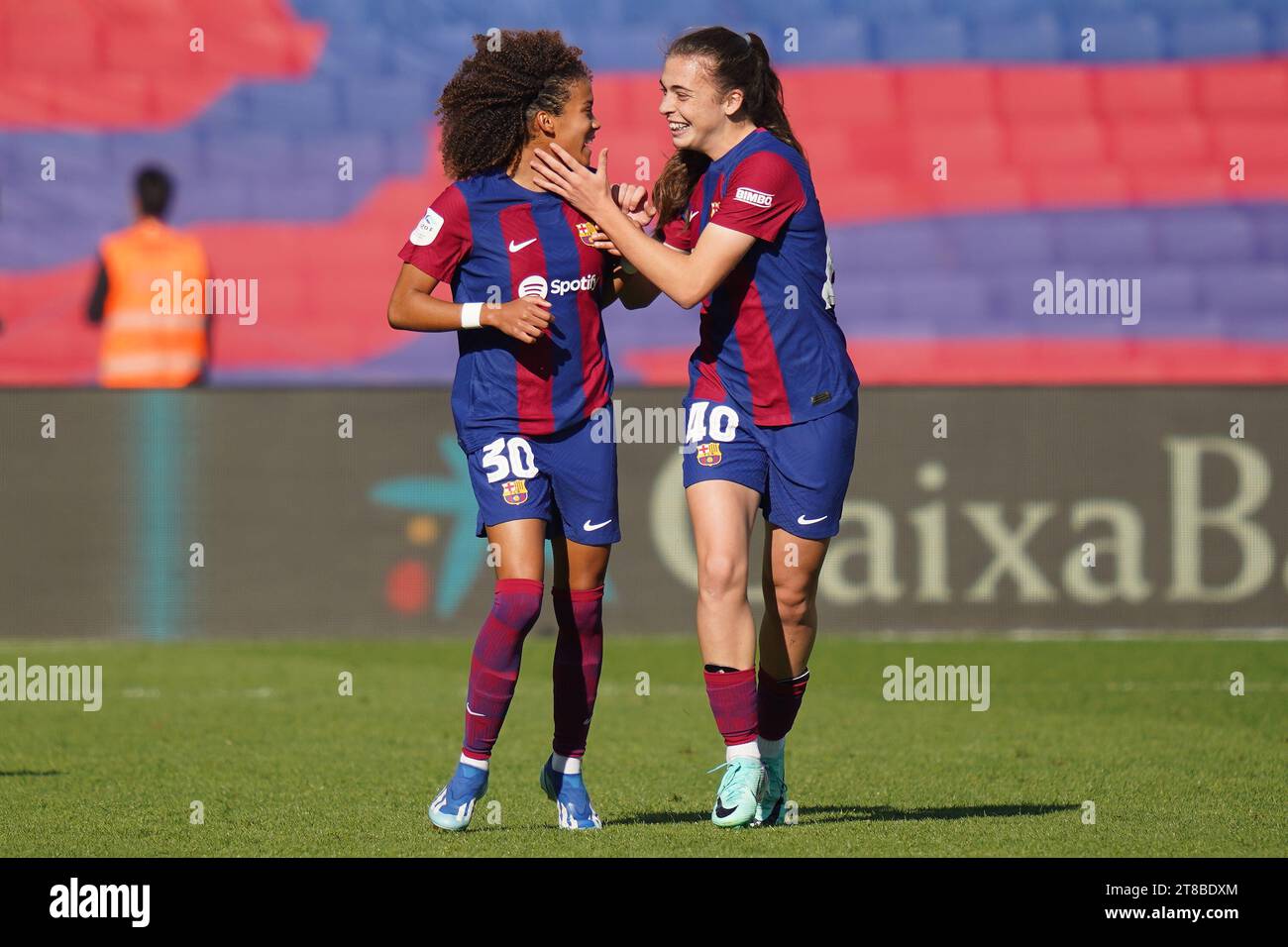 Barcelona, Spain. 19th Nov, 2023. Vicky Lopez and Lucia Corrales of FC Barcelona celebrates after scoring goal during the Liga F match between FC Barcelona and Real Madrid played at Luis Companys Stadium on November 19, 2023 in Barcelona, Spain. (Photo by Carla Pazos/PRESSINPHOTO) Credit: PRESSINPHOTO SPORTS AGENCY/Alamy Live News Stock Photo