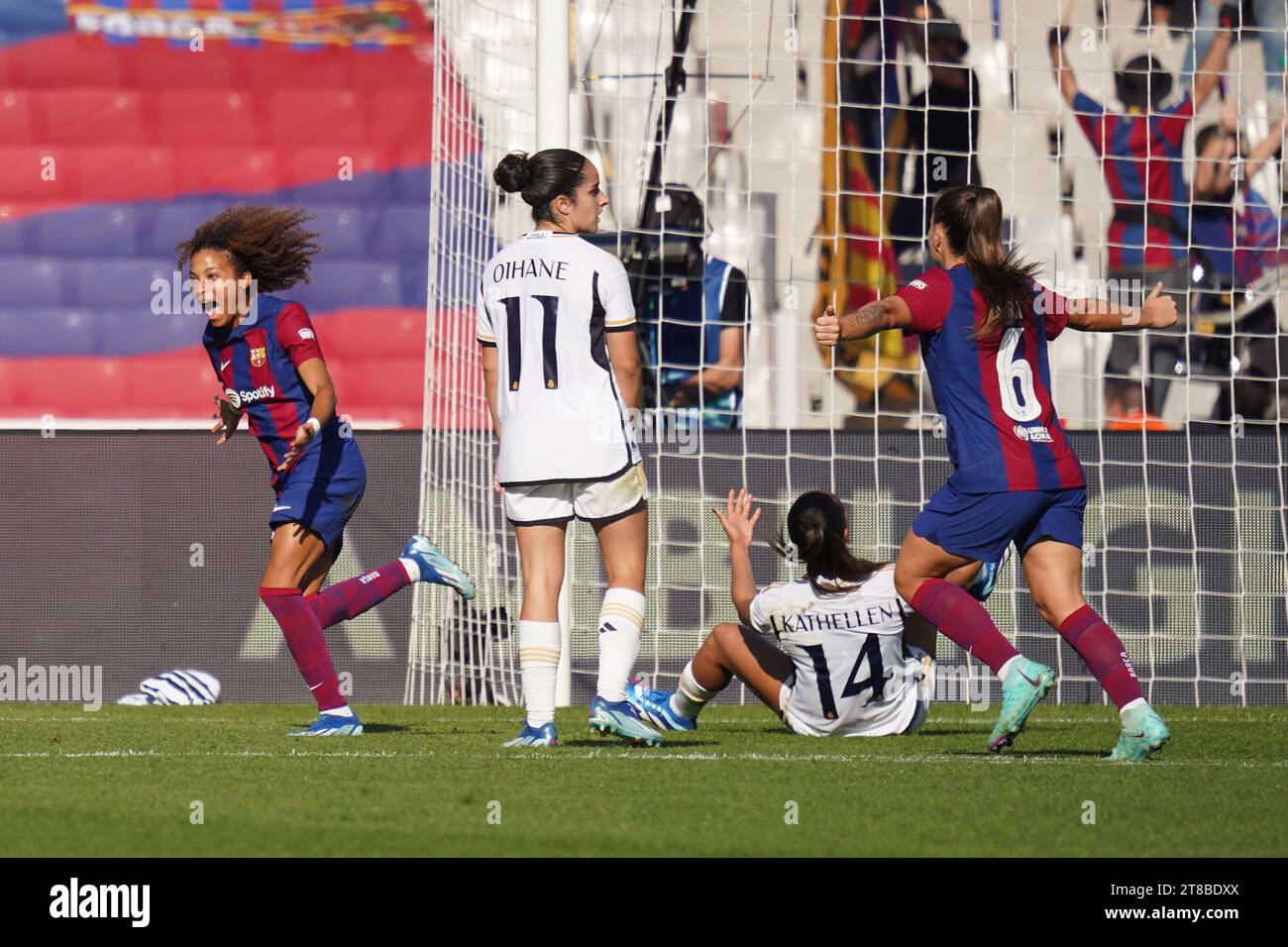 Barcelona, Spain. 19th Nov, 2023. Vicky Lopez of FC Barcelona celebrates after scoring goal during the Liga F match between FC Barcelona and Real Madrid played at Luis Companys Stadium on November 19, 2023 in Barcelona, Spain. (Photo by Carla Pazos/PRESSINPHOTO) Credit: PRESSINPHOTO SPORTS AGENCY/Alamy Live News Stock Photo
