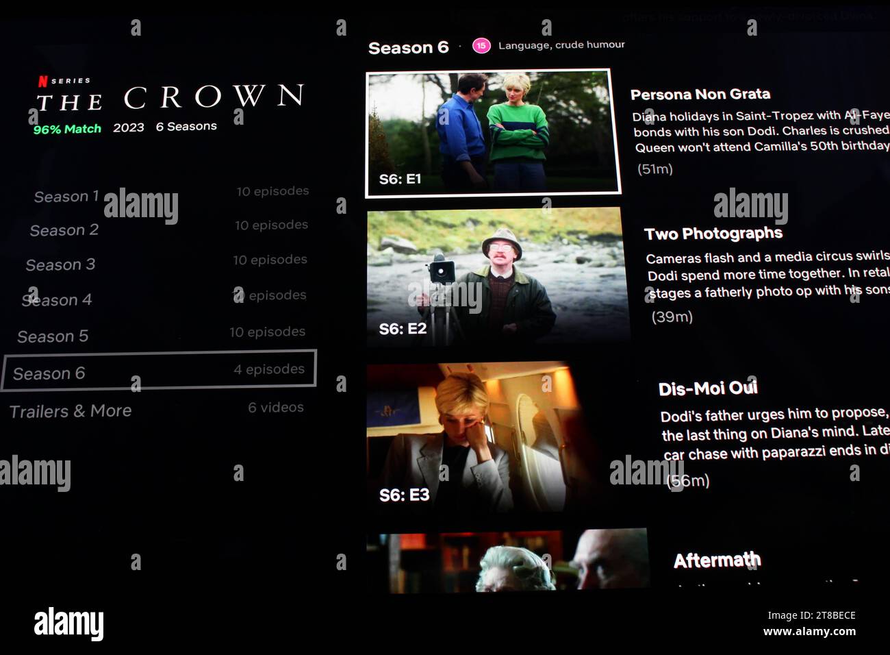 Netflix application on tv screen highlighting the Netflix television show The Crown Season 6 episodes which recently aired Stock Photo