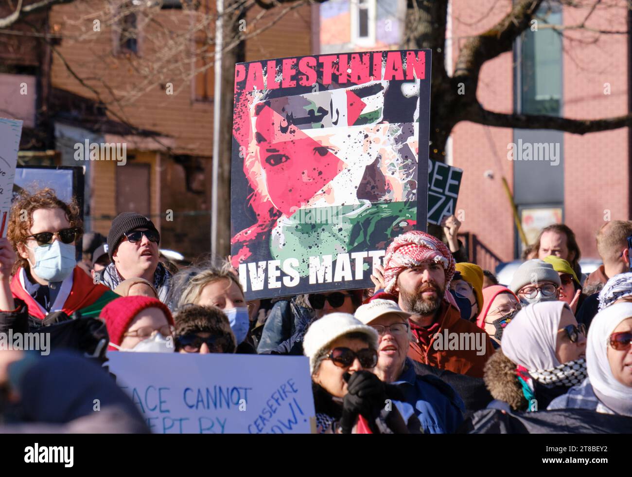 Halifax, Nova Scotia, Canada. November 19th, 2023. Hundreds gather at Ceasefire now in Palestine rally, demanding immediate actions to end the crisis. The rally was held in front of the Westin Hotel where the Halifax International Security Forum is being held. Credit: meanderingemu/Alamy Live News Stock Photo