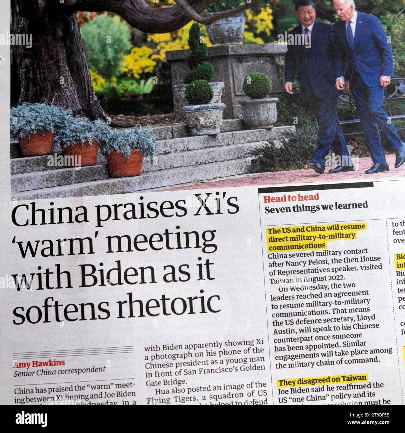'China praises Xi 's 'warm' meeting with Biden as it softens rhetoric' Guardian newspaper headline US China article 17 November 2023 London UK Stock Photo