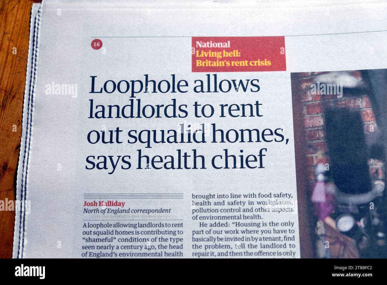 'Loophole allows landlords to rent out squalid homes says health chief' Guardian newspaper headline housing rent crisis Britain 14 November 2023 UK Stock Photo